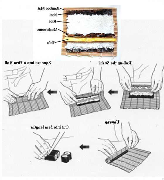 Hoe je sushi rollen. Leg een vel nori zeewier op de plasticfolie en verspreiden een kopje sushi rijst (korte korrel) bovenop.